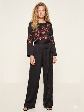 ZARA Navy Blue Embroidered Floral Wide Leg Jumpsuit Cottagecore Whimsical XS
